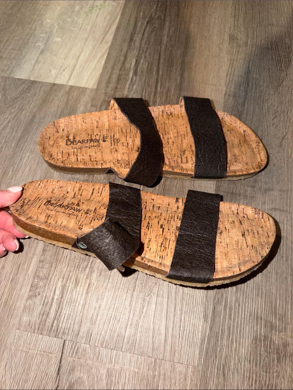 BearPaw Women's Black Cork Two-Strap Slide Sandals
